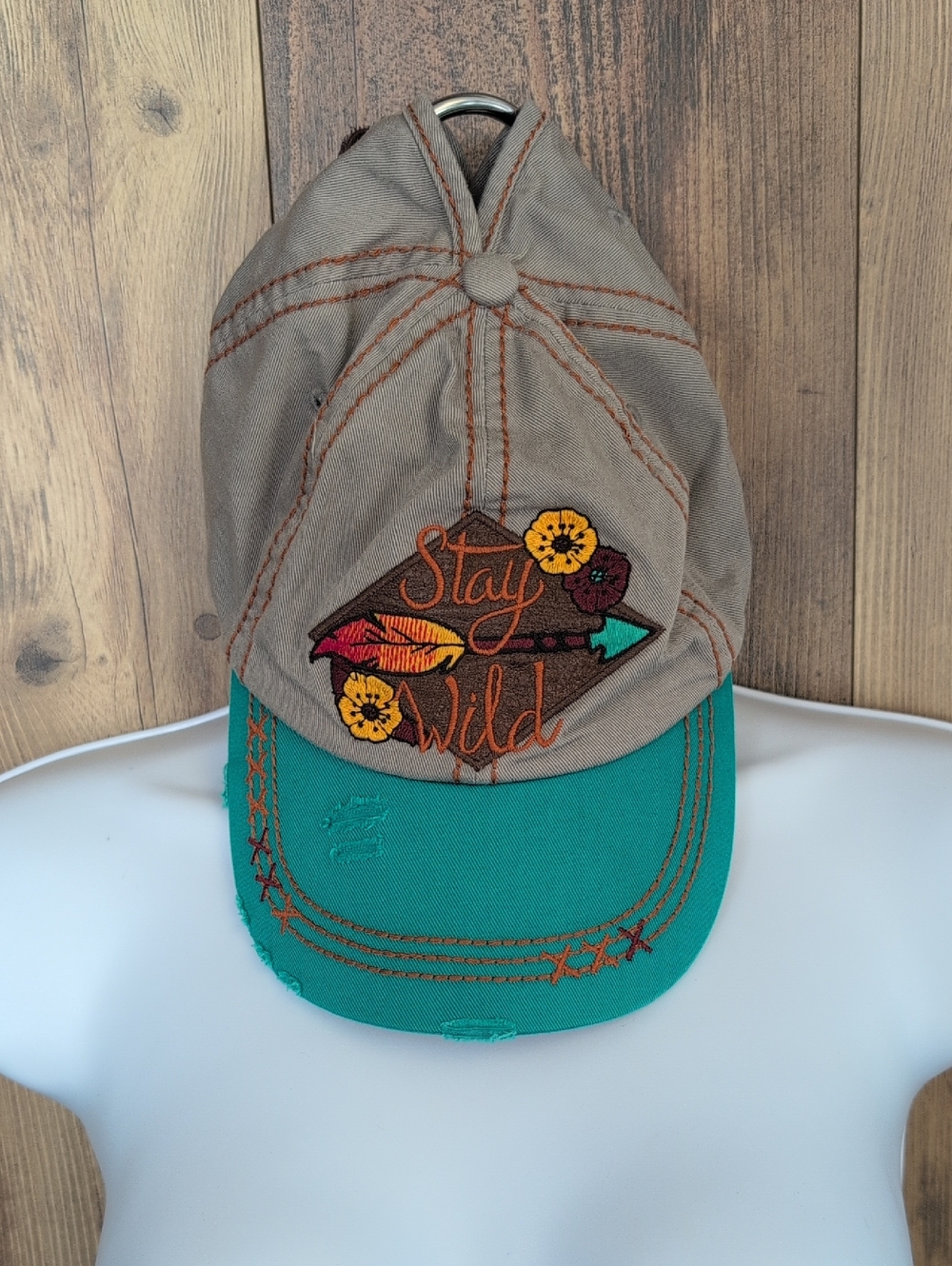 Catchfly Stay Wild Embroidered Gray & Teal Women's Baseball Cap Hat  533A